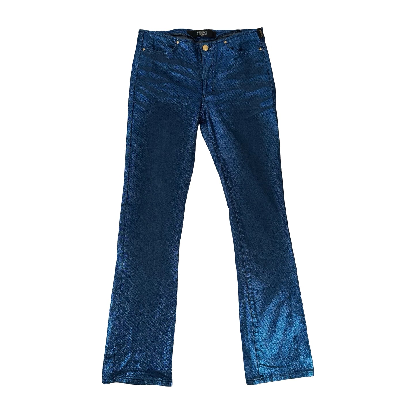 #Versace jeans couture Blue shinny denim jacket and pants set #denim ! Uk 10 #twopiece #shinny