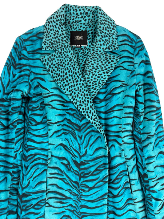 Blue zebra print faux fur versace coat with leopard collar trench coat