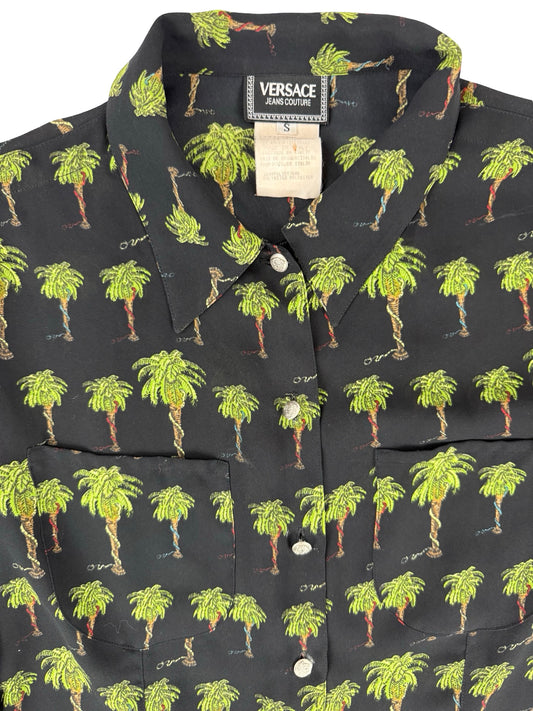 Black and green Versace button-up shirt with palm tree print semi sheer