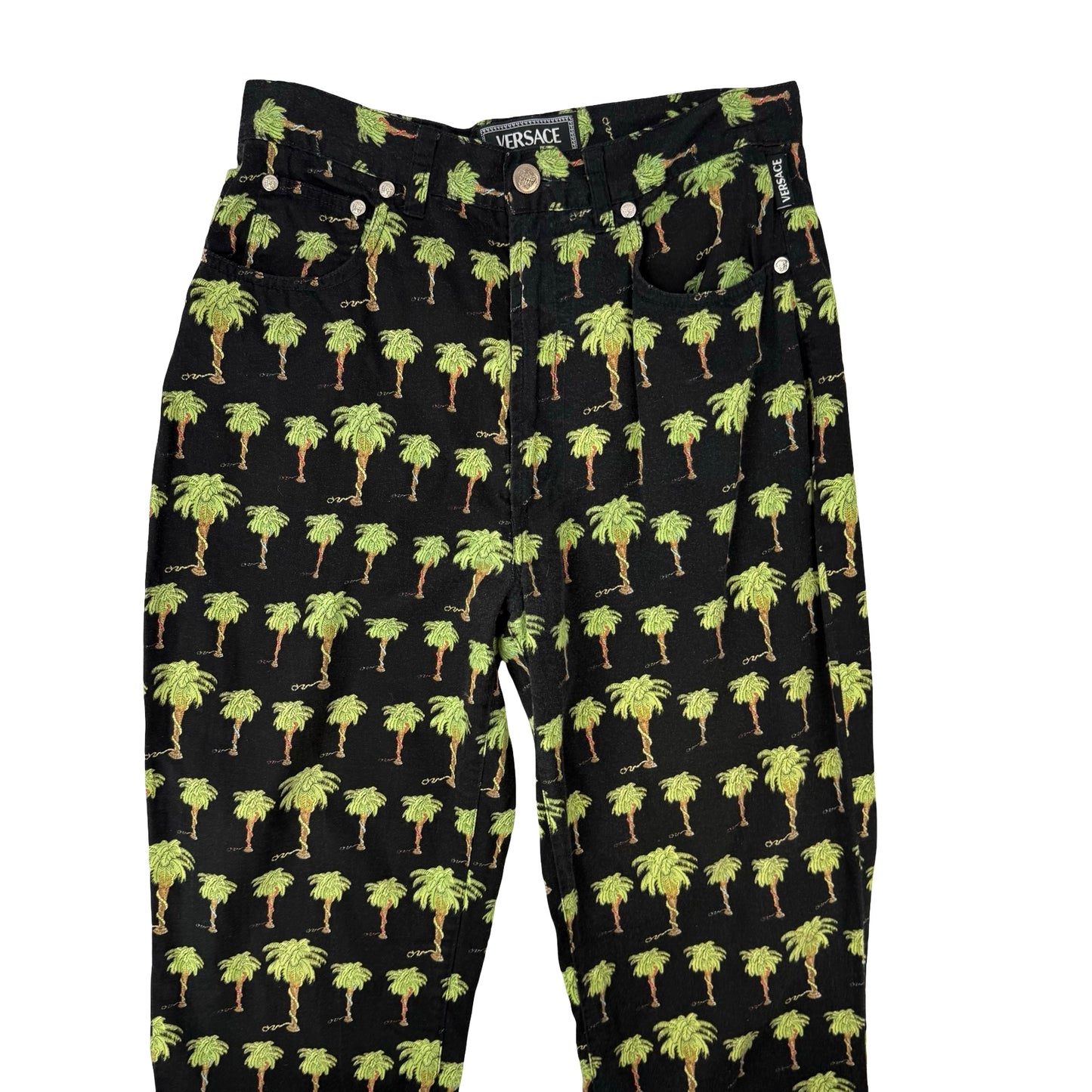 Vintage Versace black and green palm tree print jeans #VersaceJeans ! Waist 28” , inside leg 30” ! #palmtree
