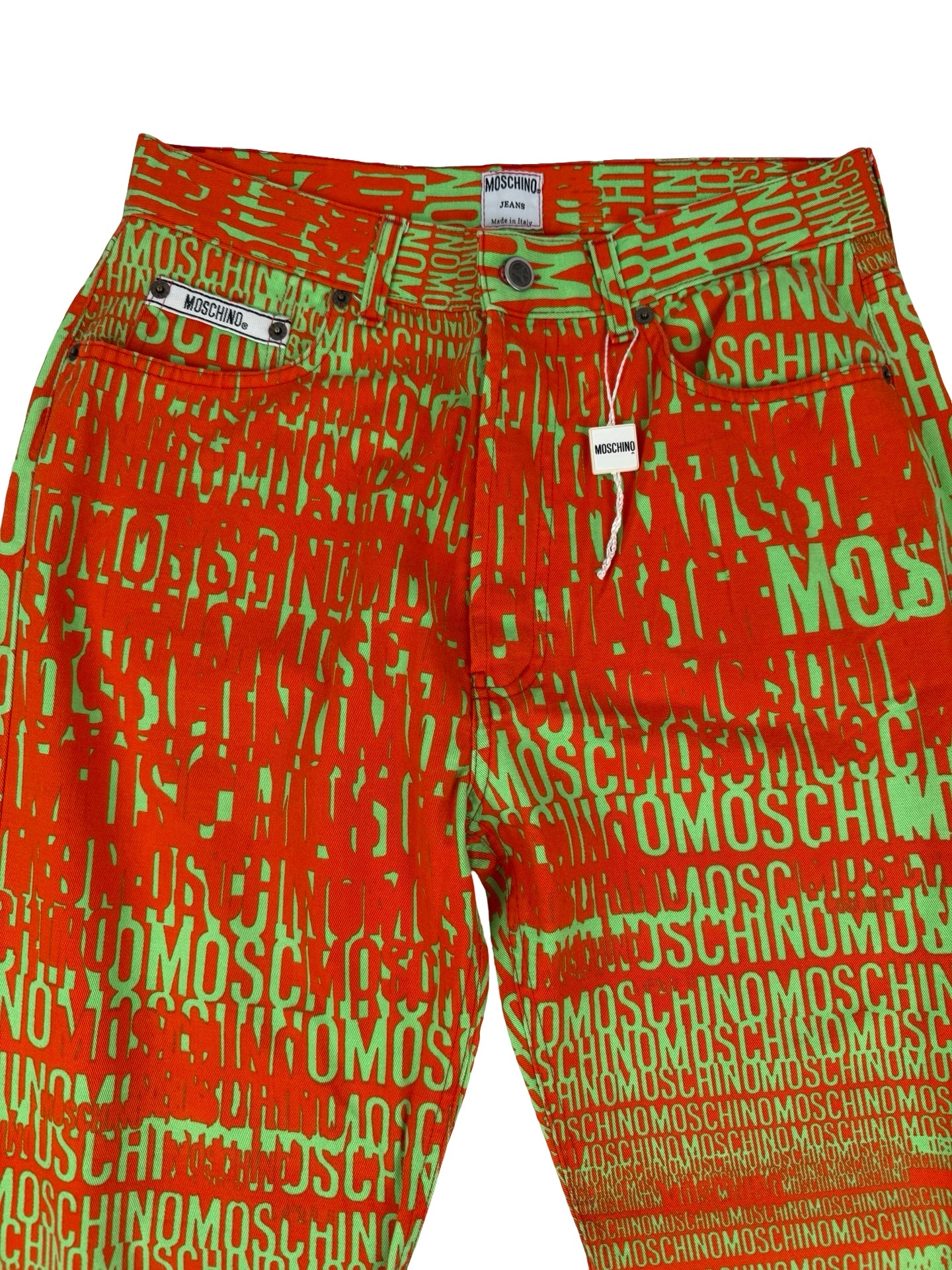 Moschino spell out orange & green jeans