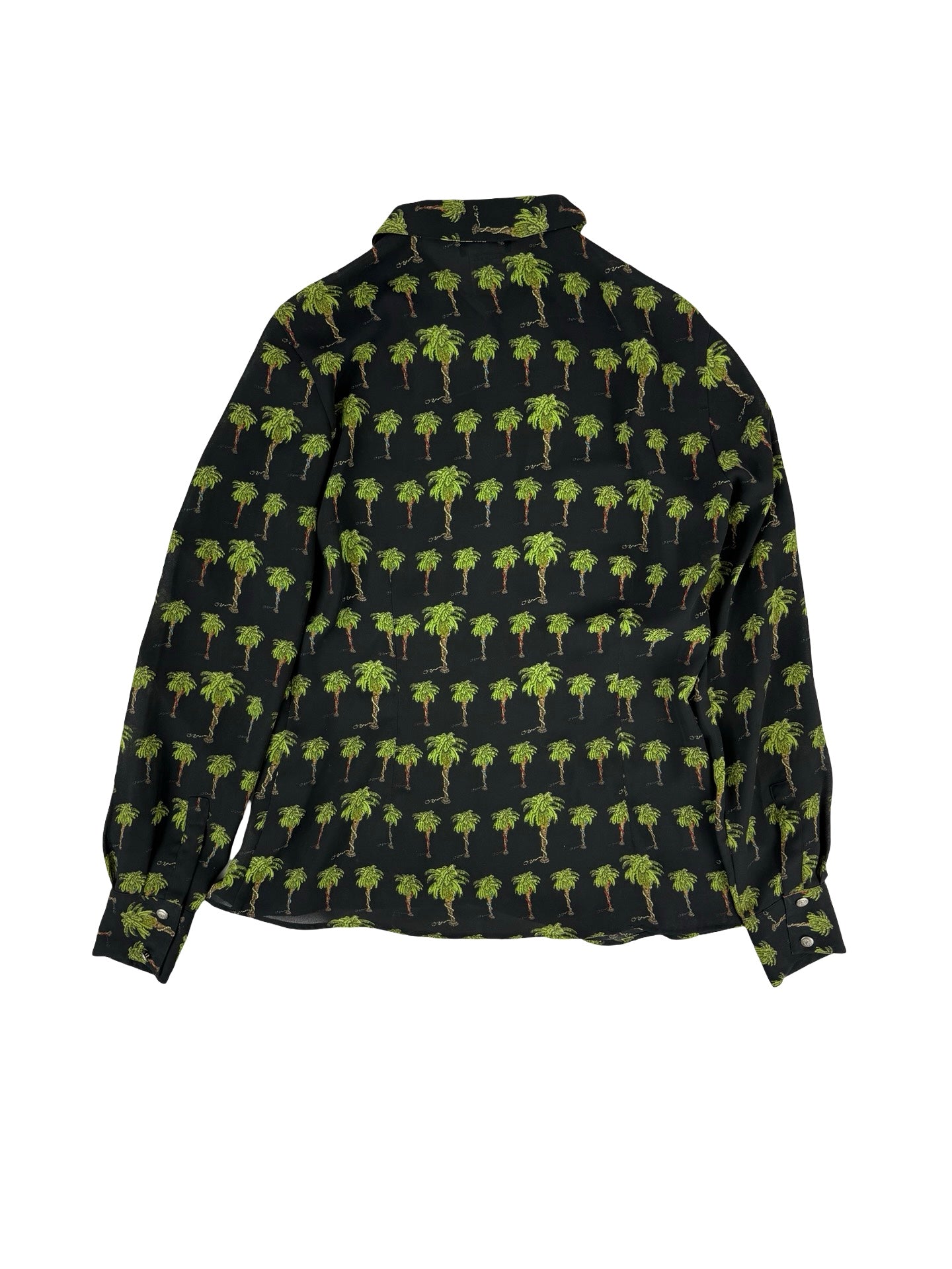 Black and green Versace button-up shirt with palm tree print semi sheer