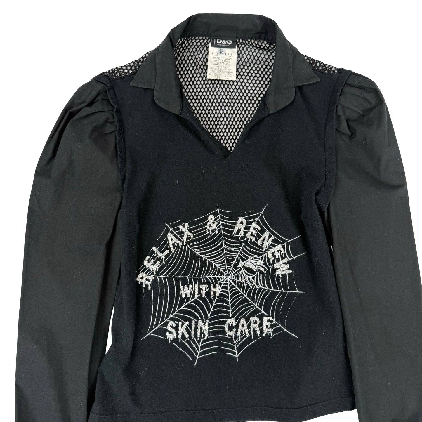 Relax & renew with skin care Dolce & Gabbana fish net spiders web Black gothic blouse with ruffle sleeves #gothicfashion #spiderweb ! uk 6-8 & 10 ! #dolcegabbana #gabbana #fishnet