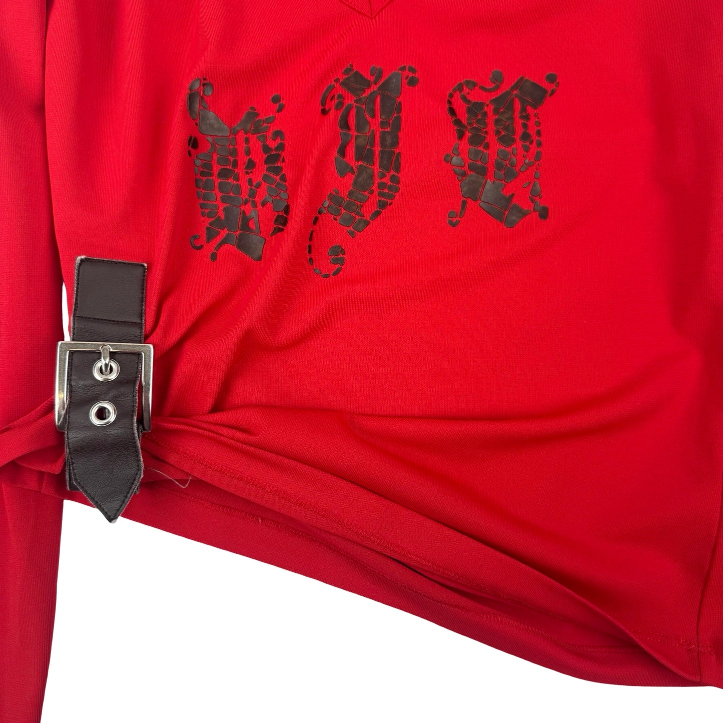 Red long sleeve top Donatella Versace Pink goth red asymmetric with black lettering #goth #grunge ! Size Medium!