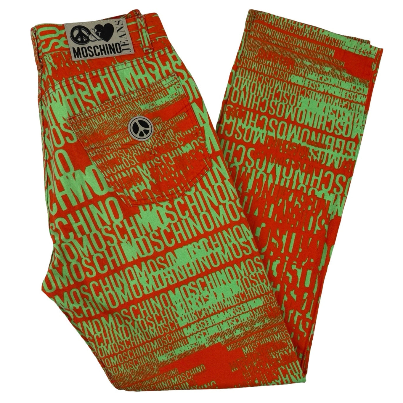 Moschino spell out orange & green jeans