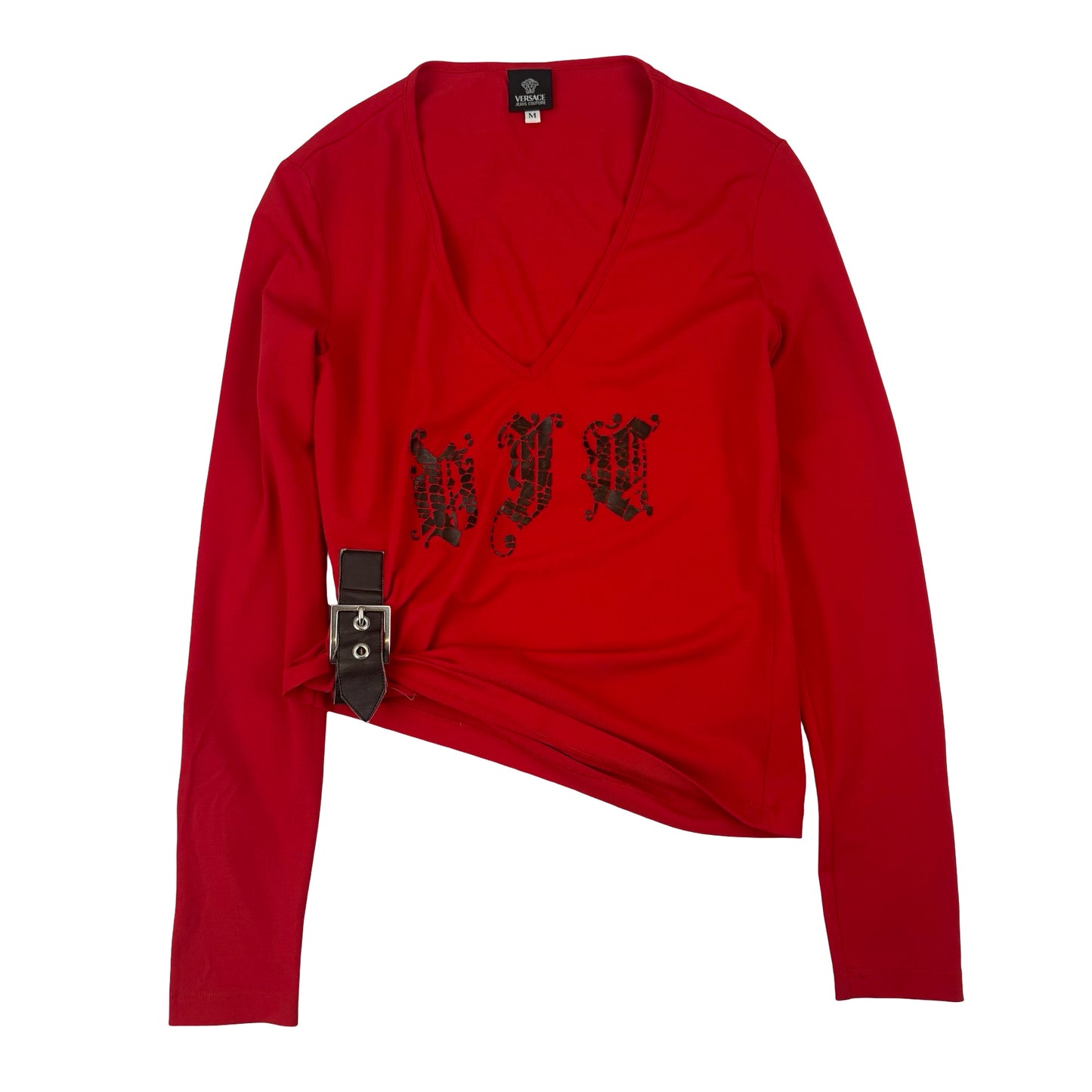 Red long sleeve top Donatella Versace Pink goth red asymmetric with black lettering #goth #grunge ! Size Medium!