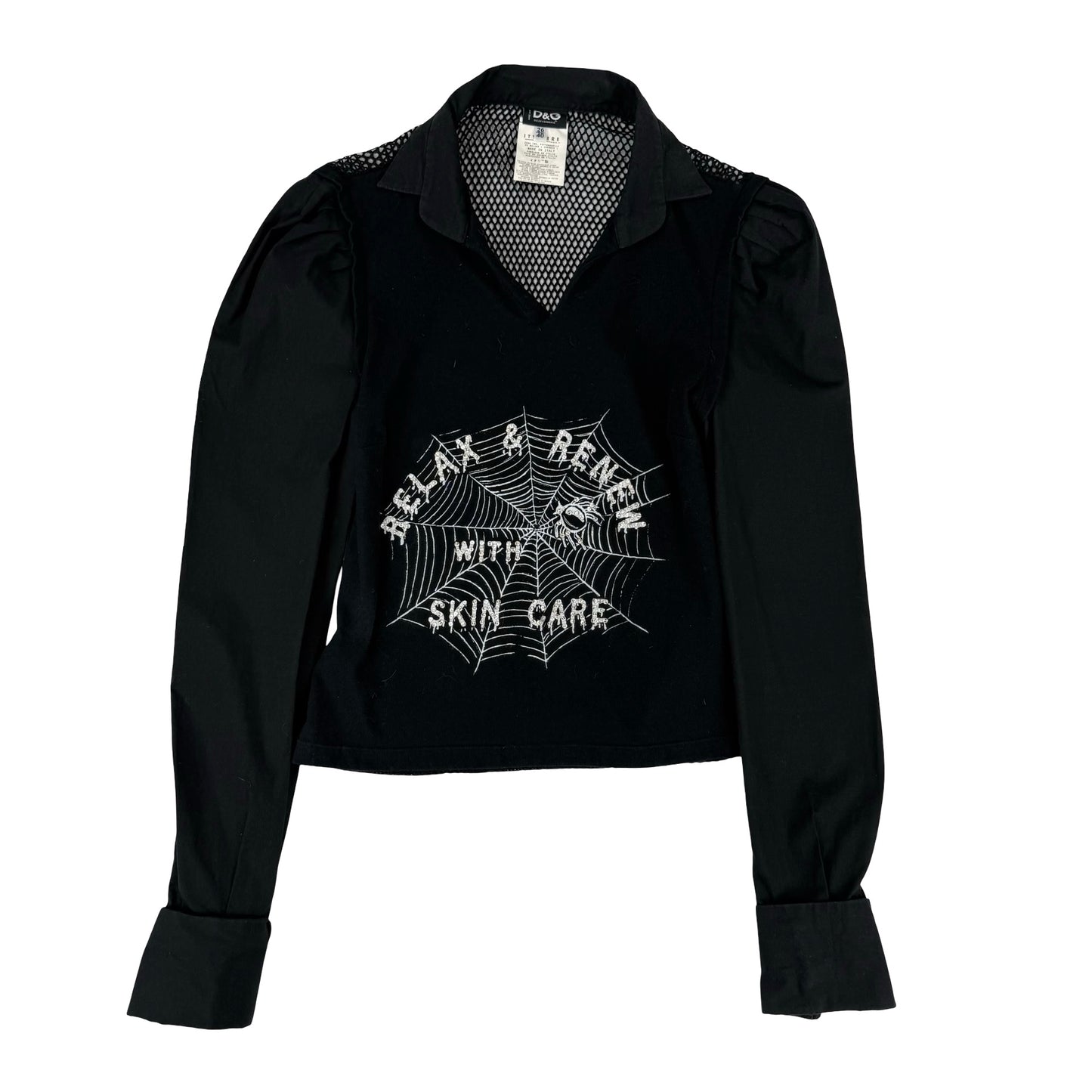 Relax & renew with skin care Dolce & Gabbana fish net spiders web Black gothic blouse with ruffle sleeves #gothicfashion #spiderweb ! uk 6-8 & 10 ! #dolcegabbana #gabbana #fishnet