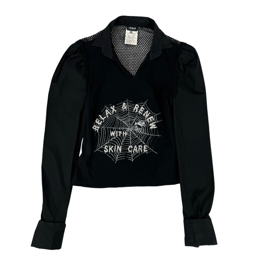 Relax & renew with skin care Dolce & Gabbana fish net spiders web Black gothic blouse with ruffle sleeves #gothicfashion #spiderweb ! uk 6-8 & 10 ! #dolcegabbana #gabbana #fishnet