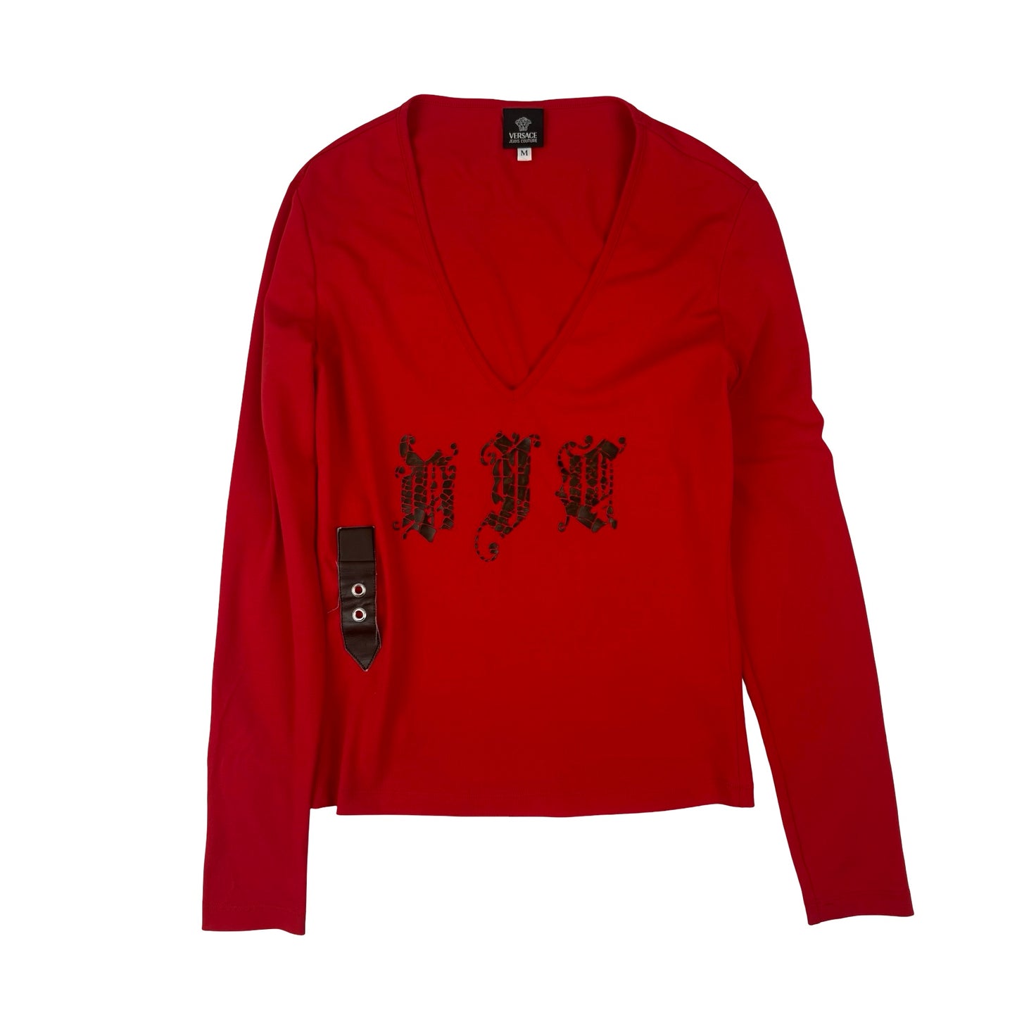 Red long sleeve top Donatella Versace Pink goth red asymmetric with black lettering #goth #grunge ! Size Medium!