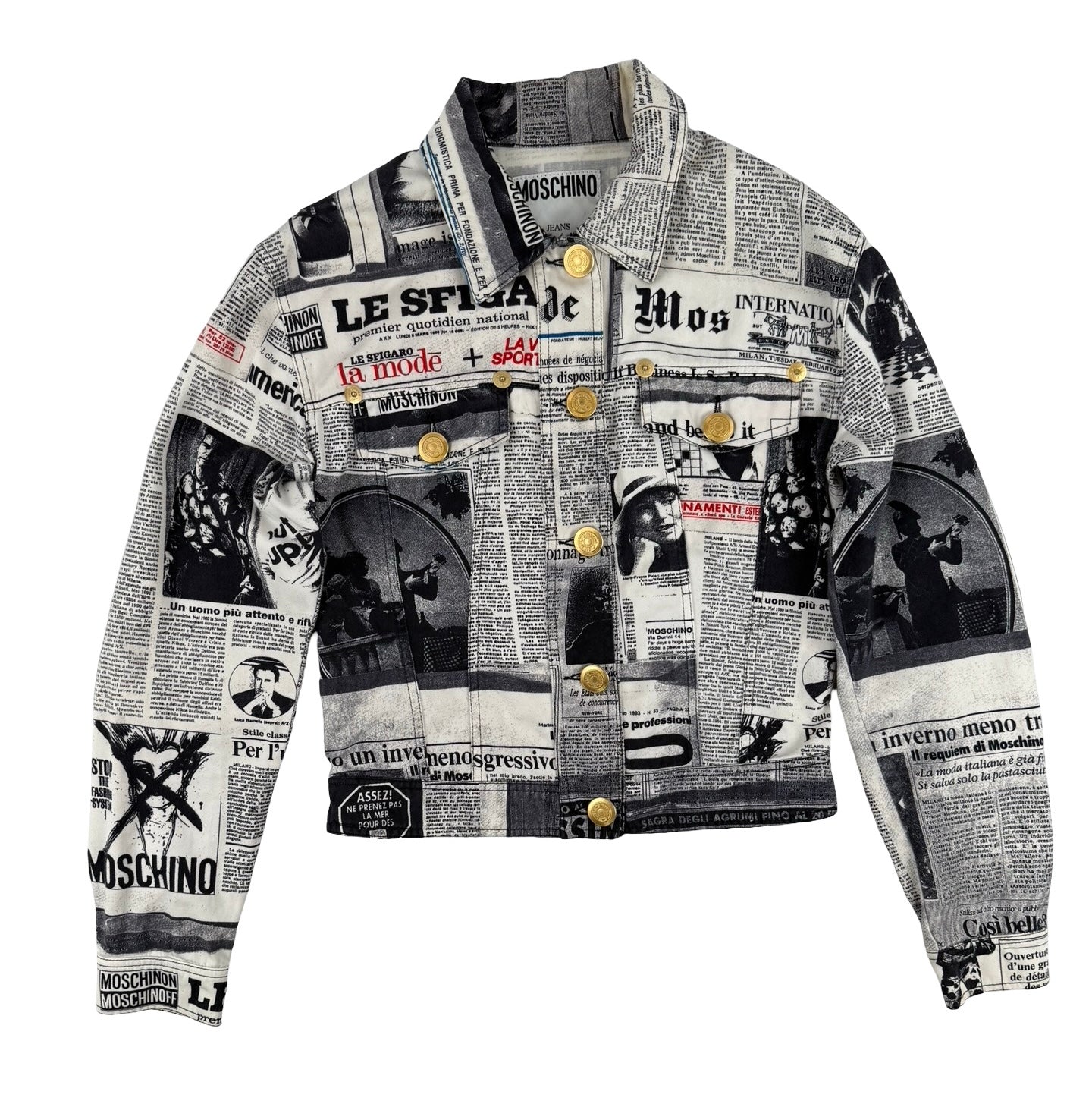 Moschino newspaper print denim jacket