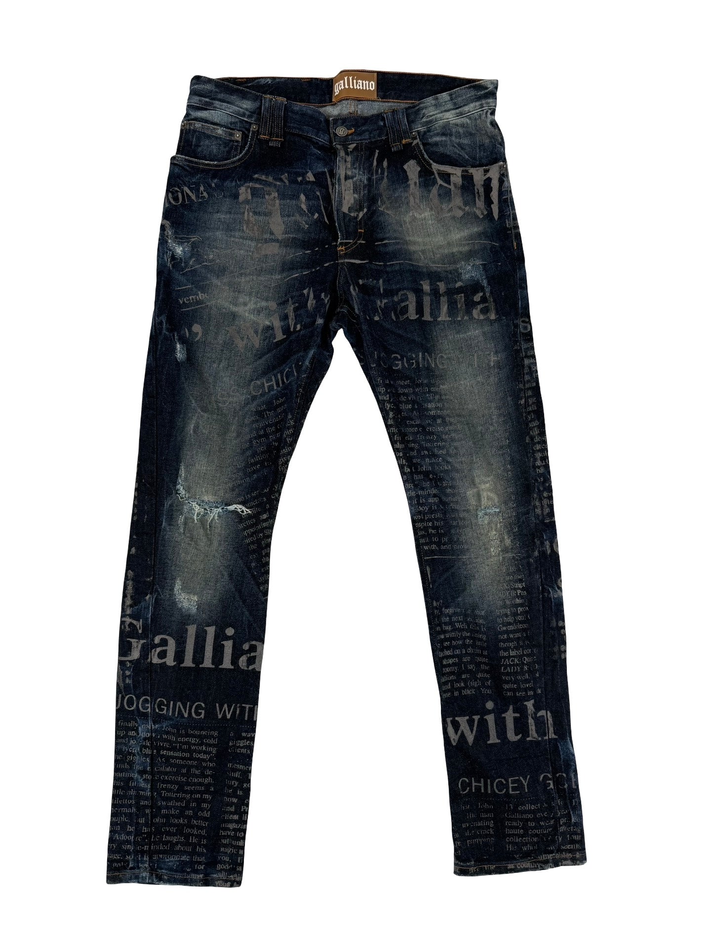 Y2k mens Galliano newspaper print denim jeans
