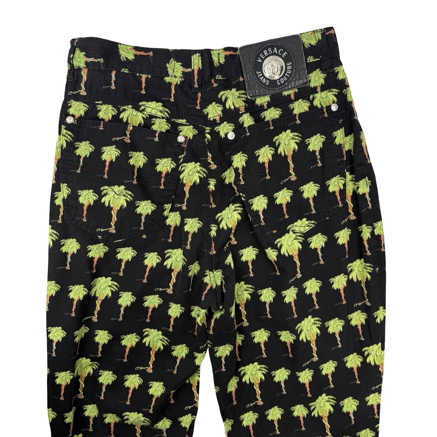 Vintage Versace black and green palm tree print jeans #VersaceJeans ! Waist 28” , inside leg 30” ! #palmtree