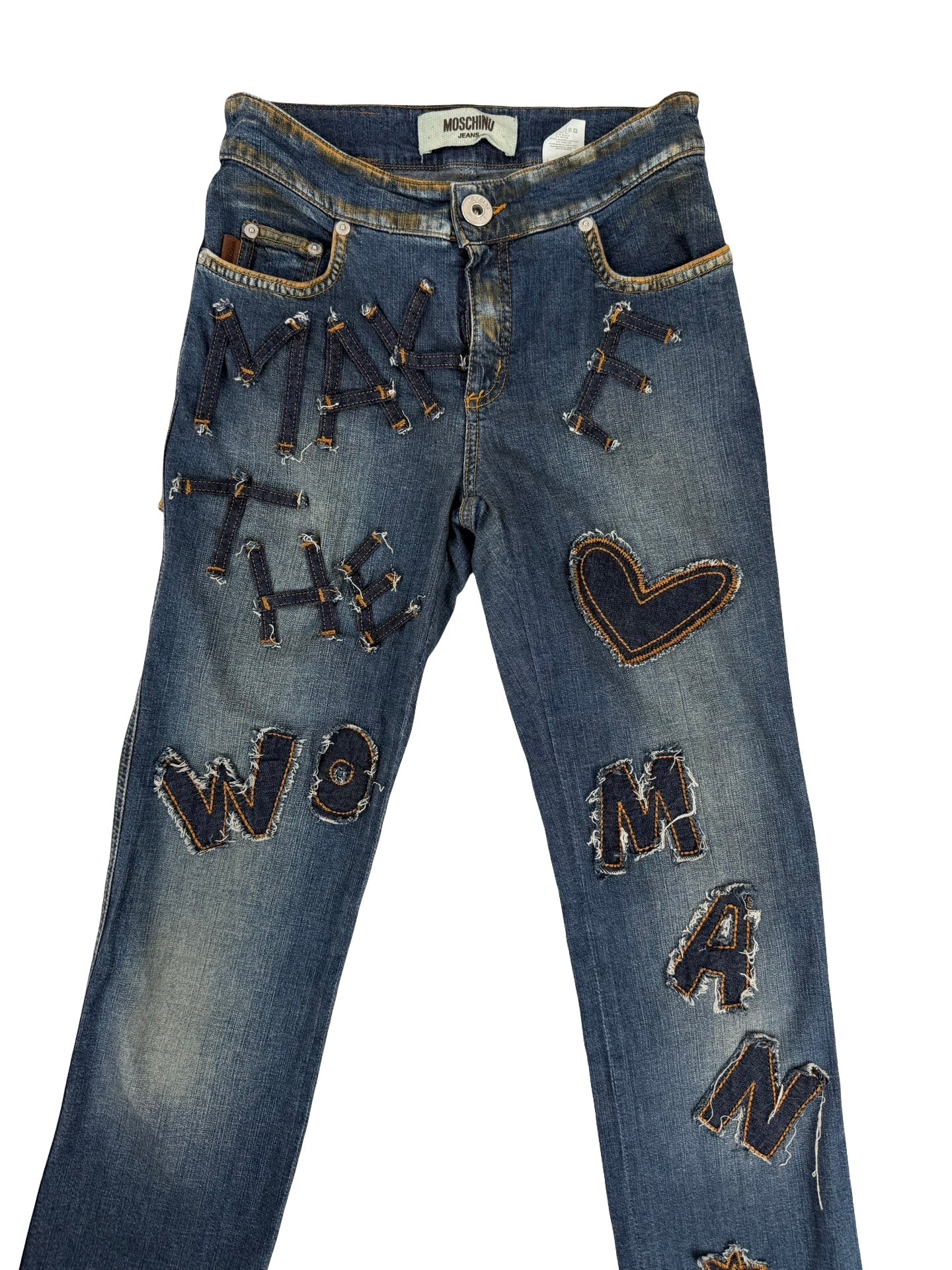 Moschino the clothes make the woman denim distressed fun  jeans