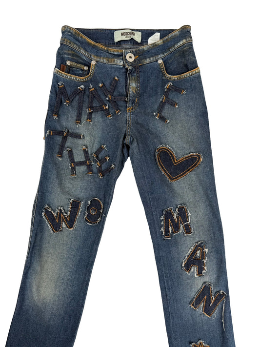 Moschino the clothes make the woman denim distressed fun  jeans