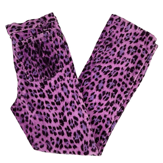 Purple jeans with black leopard print pattern on a white background
