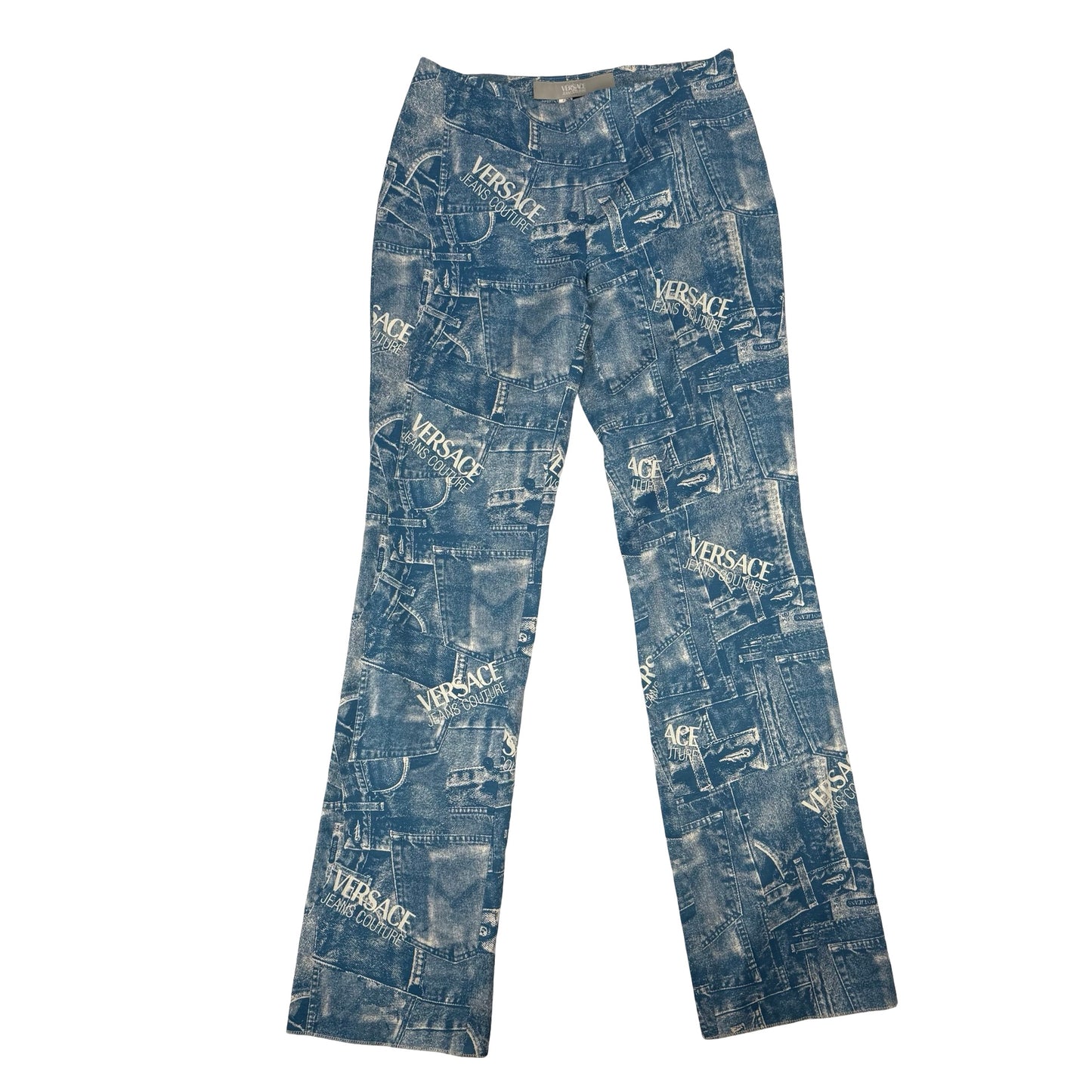 Versace Jeans Denim look y2k Pants - blue and white cotton trousers with iconic logo #VersaceJeans #DenimPants ! Uk 10-12