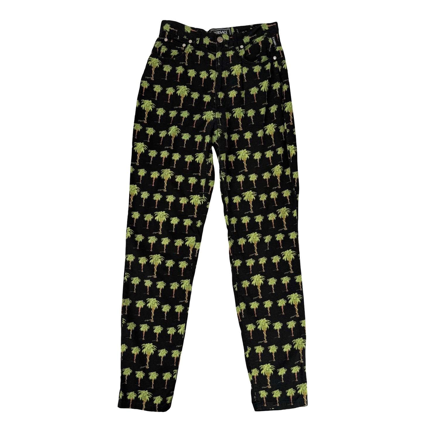 Vintage Versace black and green palm tree print jeans #VersaceJeans ! Waist 28” , inside leg 30” ! #palmtree