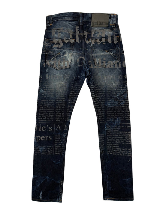 Y2k mens Galliano newspaper print denim jeans