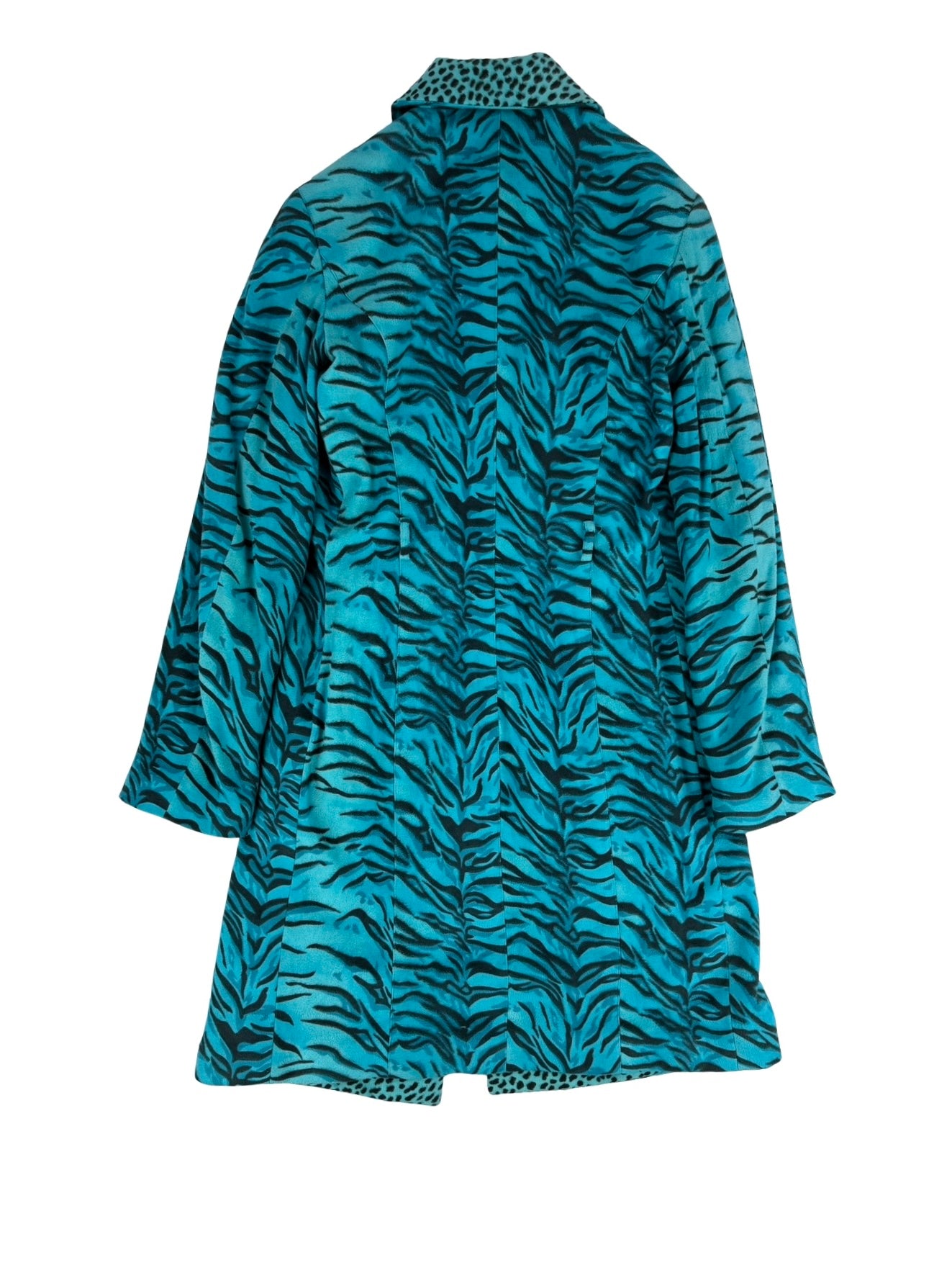 Blue zebra print faux fur versace coat with leopard collar trench coat