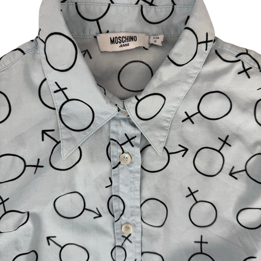 Blue and black sex gender femme Masc moschino  cotton button-up shirt ! Best worn on uk 8-10 ! #moschino #sex #shirt