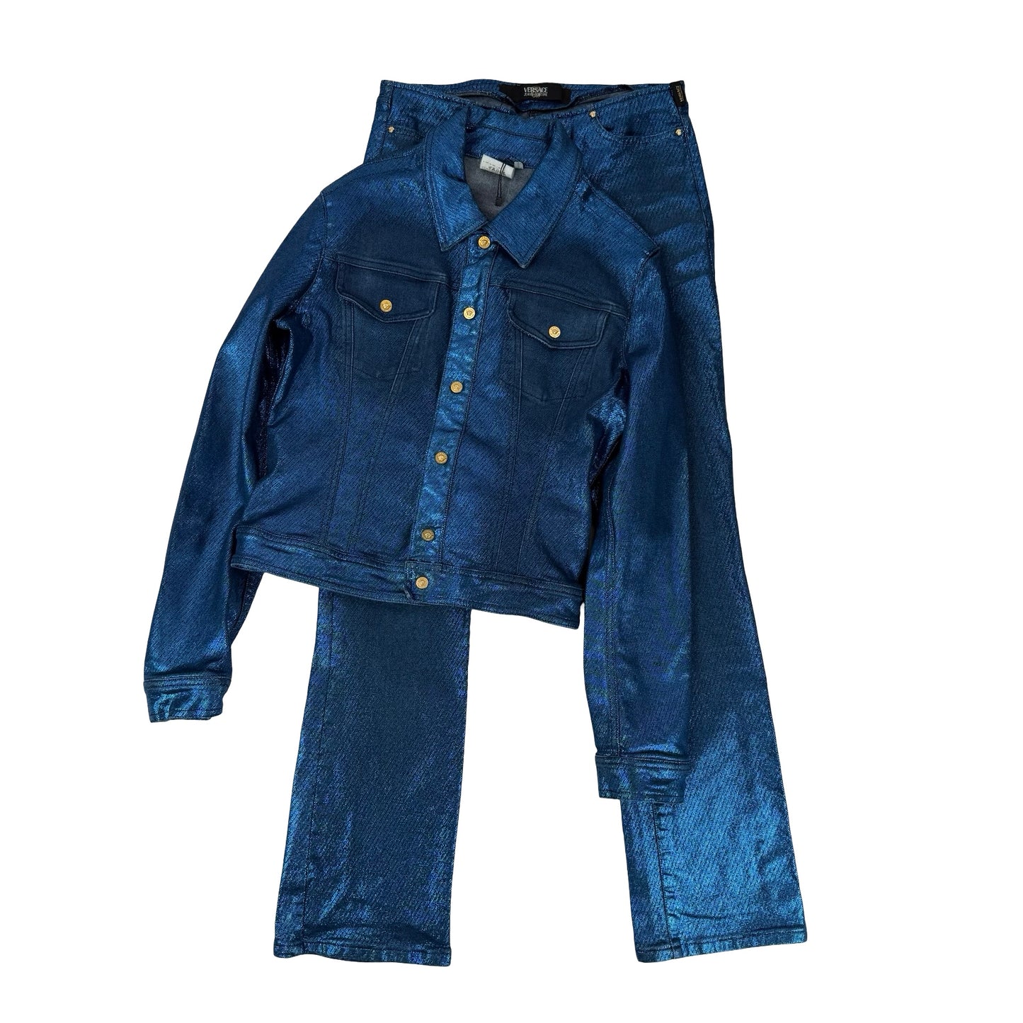 #Versace jeans couture Blue shinny denim jacket and pants set #denim ! Uk 10 #twopiece #shinny