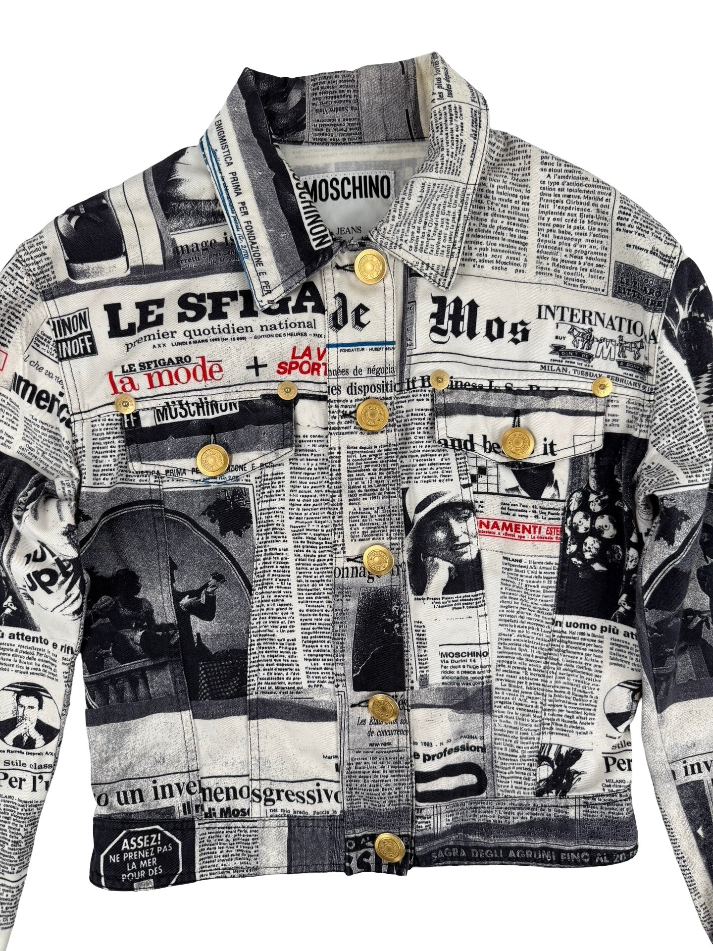 Moschino newspaper print denim jacket