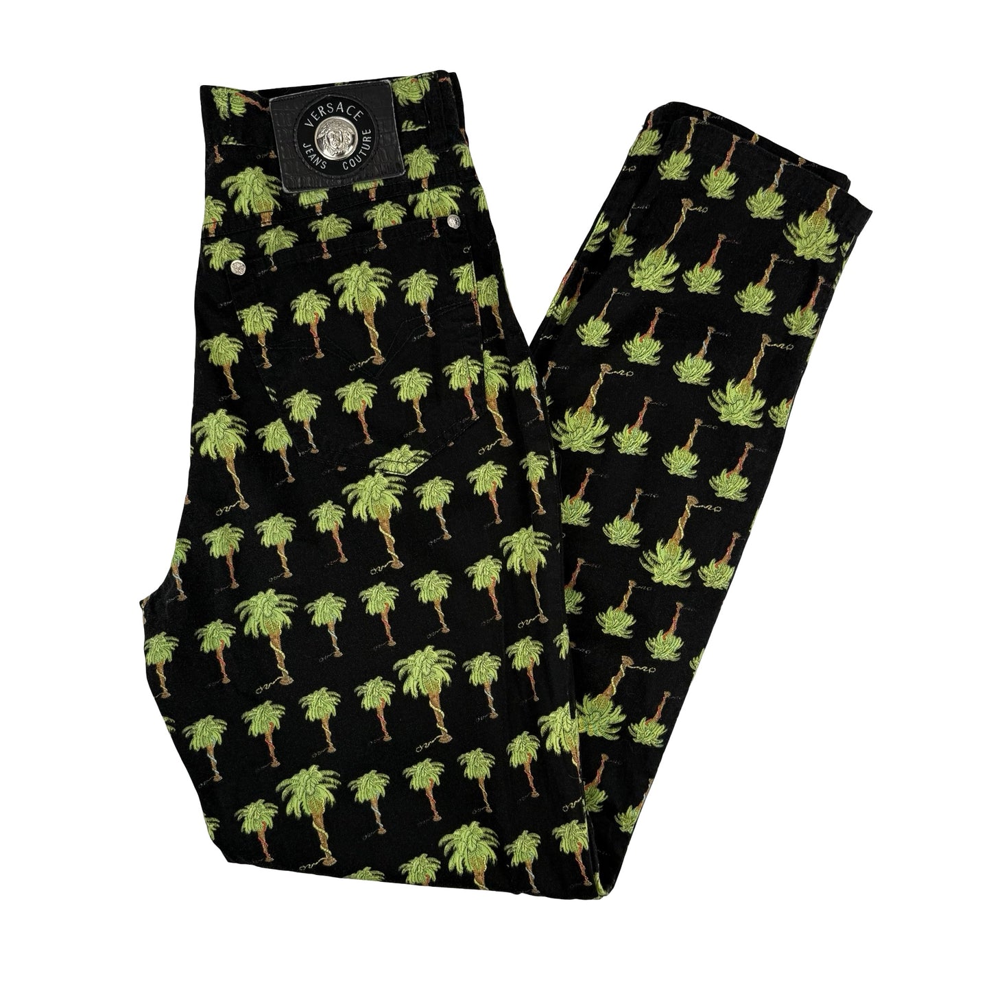 Vintage Versace black and green palm tree print jeans #VersaceJeans ! Waist 28” , inside leg 30” ! #palmtree