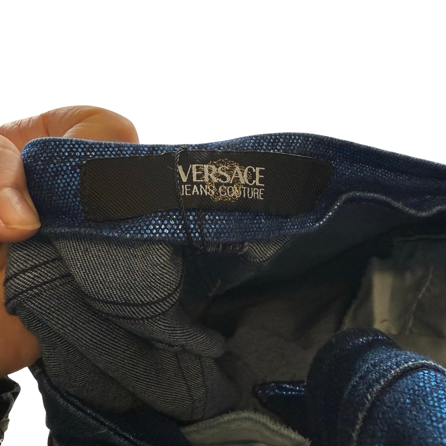 #Versace jeans couture Blue shinny denim jacket and pants set #denim ! Uk 10 #twopiece #shinny