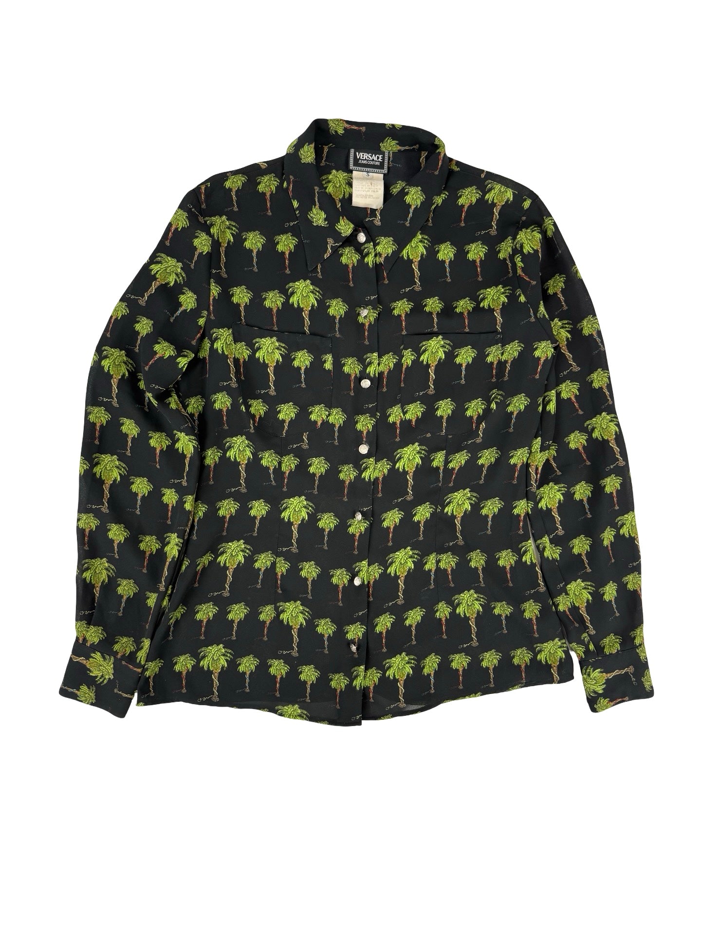 Black and green Versace button-up shirt with palm tree print semi sheer
