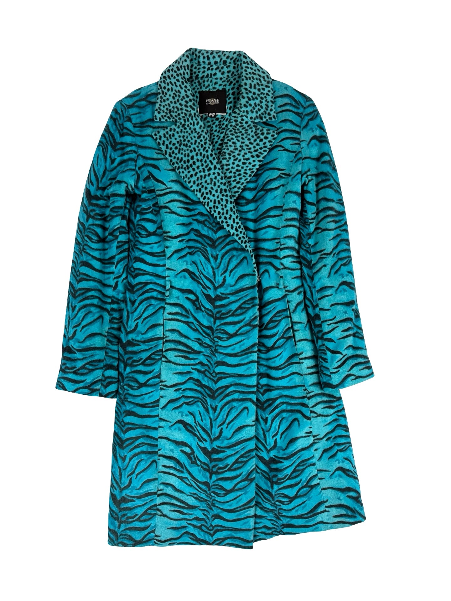 Blue zebra print faux fur versace coat with leopard collar trench coat