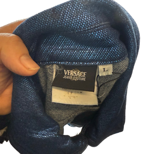 #Versace jeans couture Blue shinny denim jacket and pants set #denim ! Uk 10 #twopiece #shinny
