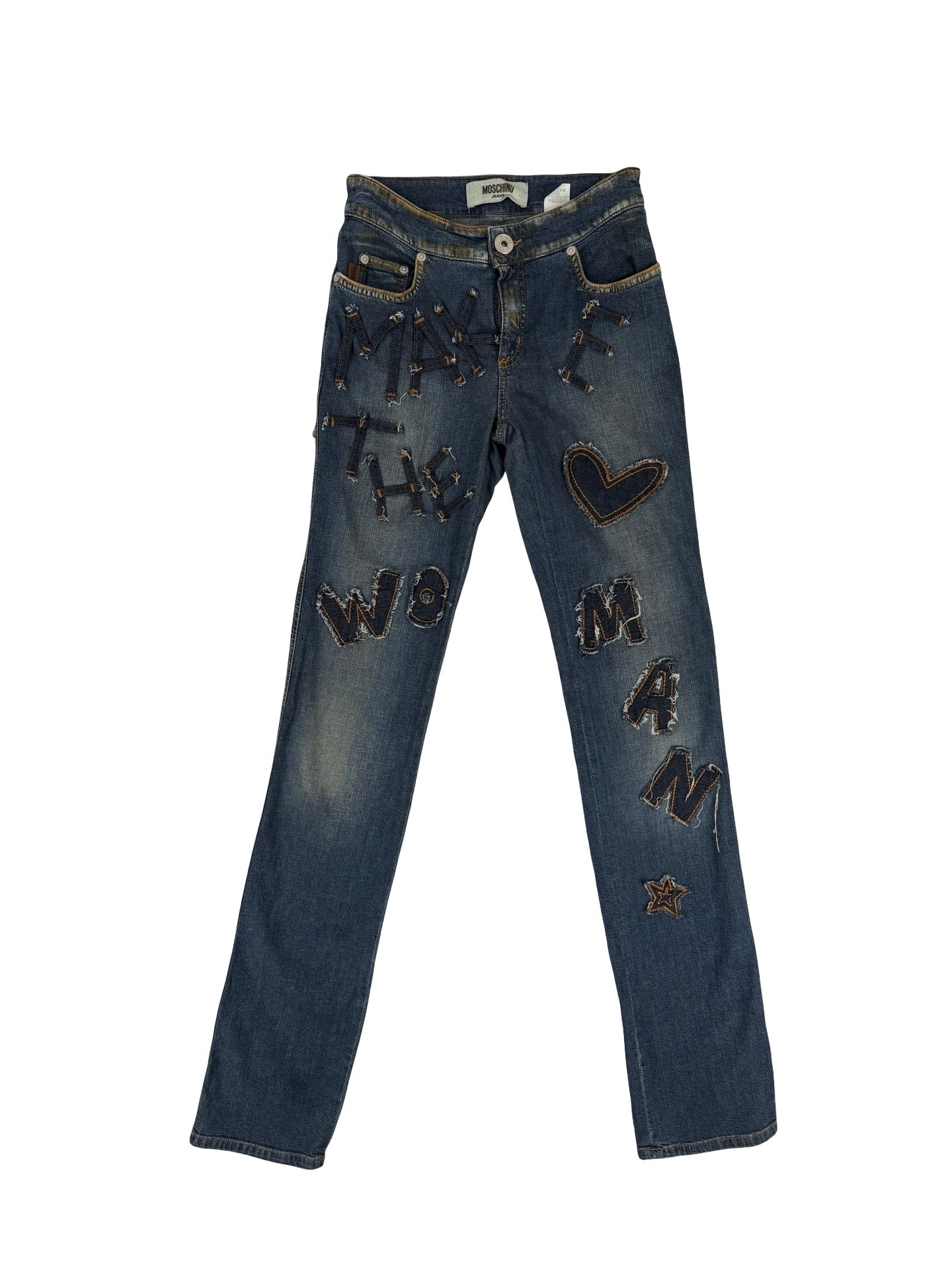 Moschino the clothes make the woman denim distressed fun  jeans