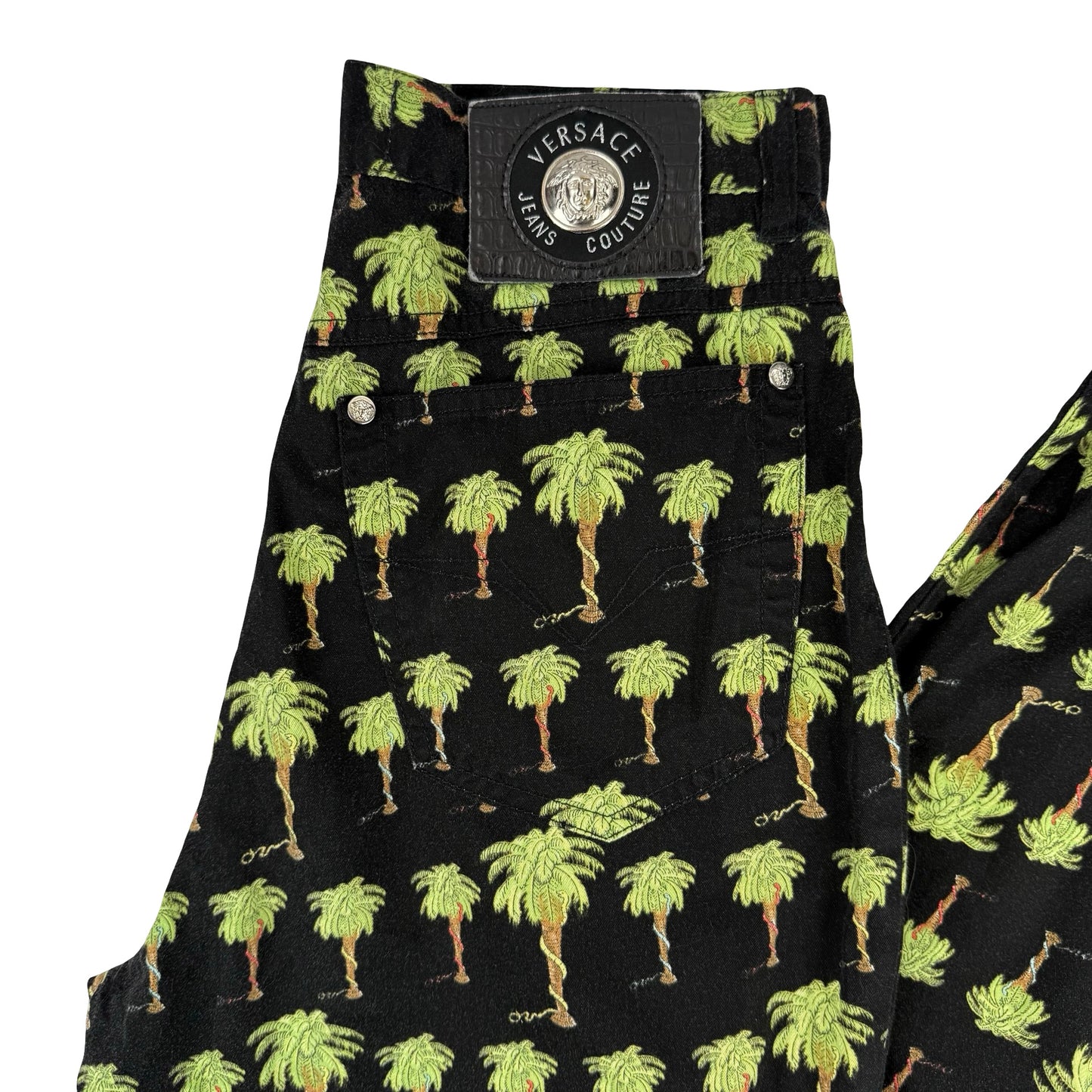 Vintage Versace black and green palm tree print jeans #VersaceJeans ! Waist 28” , inside leg 30” ! #palmtree