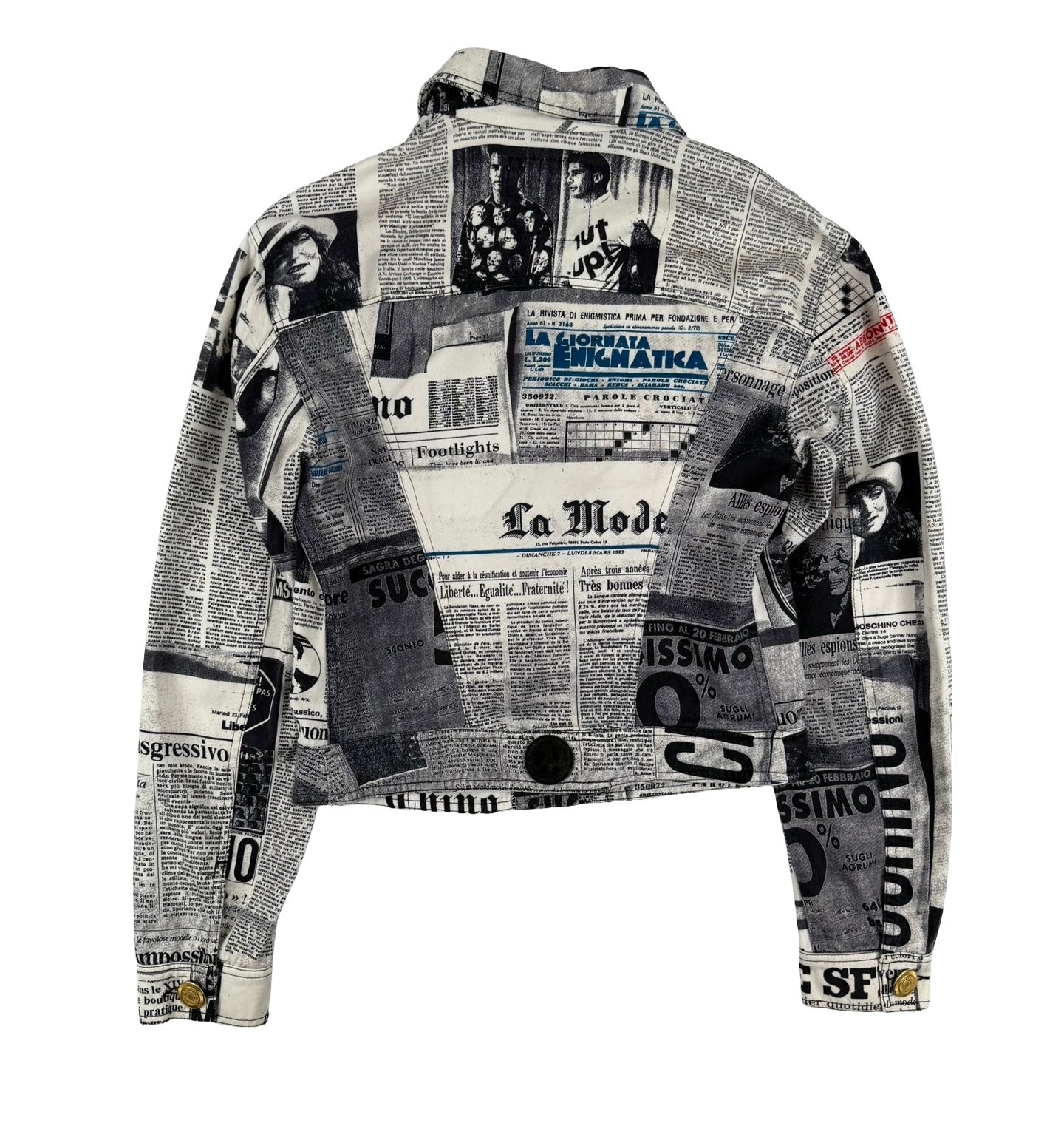 Moschino newspaper print denim jacket
