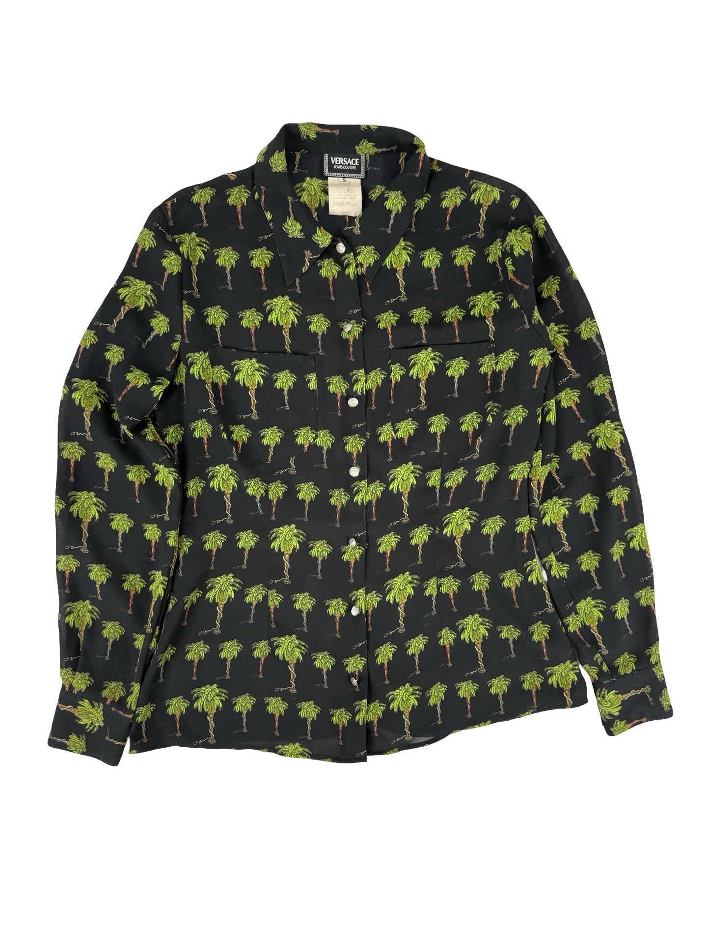Black and green Versace button-up shirt with palm tree print semi sheer