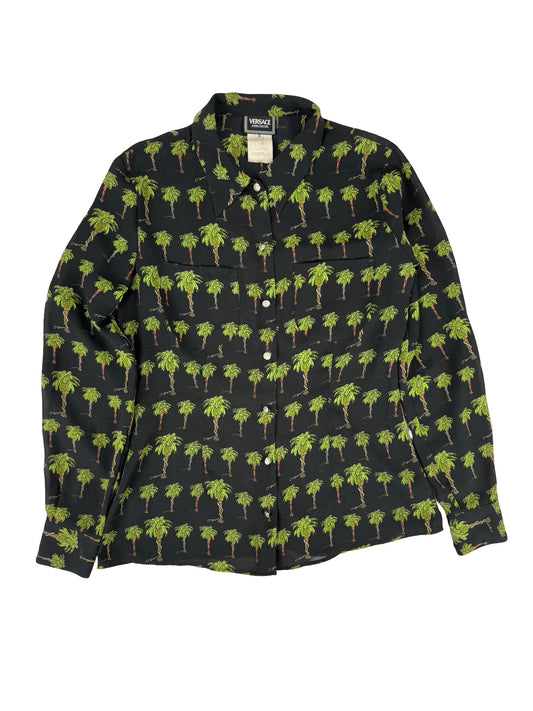 Black and green Versace button-up shirt with palm tree print semi sheer