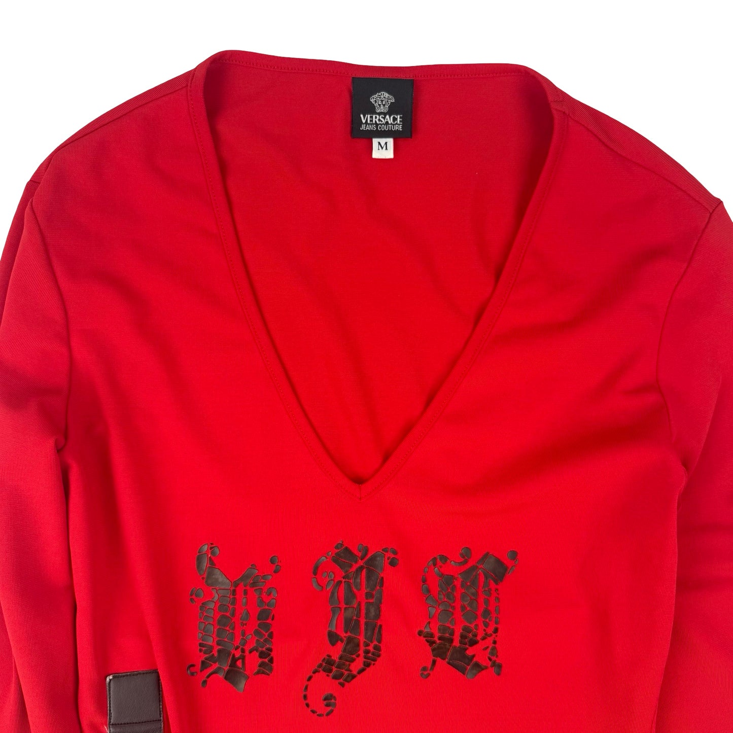 Red long sleeve top Donatella Versace Pink goth red asymmetric with black lettering #goth #grunge ! Size Medium!