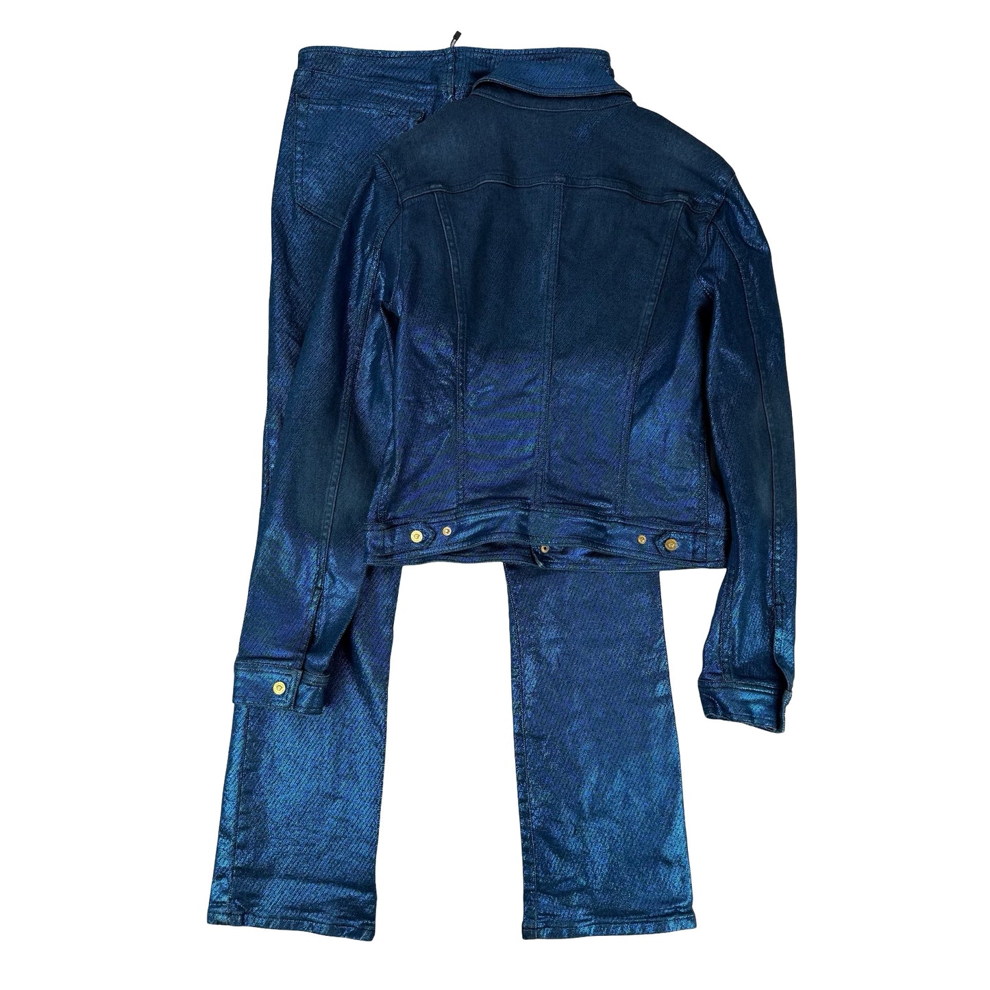 #Versace jeans couture Blue shinny denim jacket and pants set #denim ! Uk 10 #twopiece #shinny